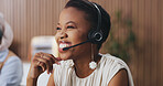 Woman, happy and headset for legal advice at office with review, insight and mic at company. Person, consultant and thinking with smile on voip, contact us and problem solving at corporate law firm