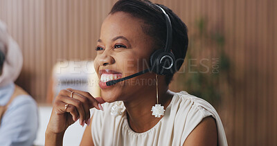Buy stock photo Woman, happy and headset for legal advice at office with review, insight and mic at company. Person, consultant and thinking with smile on voip, contact us and problem solving at corporate law firm