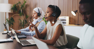 Buy stock photo Woman, agent and discussion with headset in call center for customer service or online advice. Person, consultant or talking with mic for virtual assistance, web support or CRM help in diverse agency