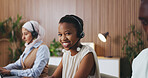 Woman, happy and headset in portrait at office with review, insight and legal advisory service at company. Person, consultant and smile with voip, contact us and problem solving at corporate law firm