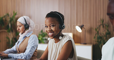 Buy stock photo Woman, happy and headset in portrait at office with review, insight and legal advisory service at company. Person, consultant and smile with voip, contact us and problem solving at corporate law firm