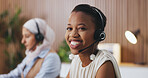 Happy woman, headset and portrait at office with mic, confidence and legal advisory service at company. Person, consultant and smile with voip, contact us and problem solving at corporate law firm