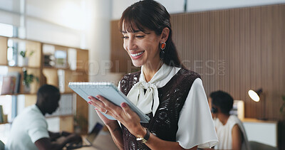 Buy stock photo Happy, creative and businesswoman with tablet, boardroom and campaign review on website or research. Reading, media coverage and mature person with tech for project, pr account manager and online