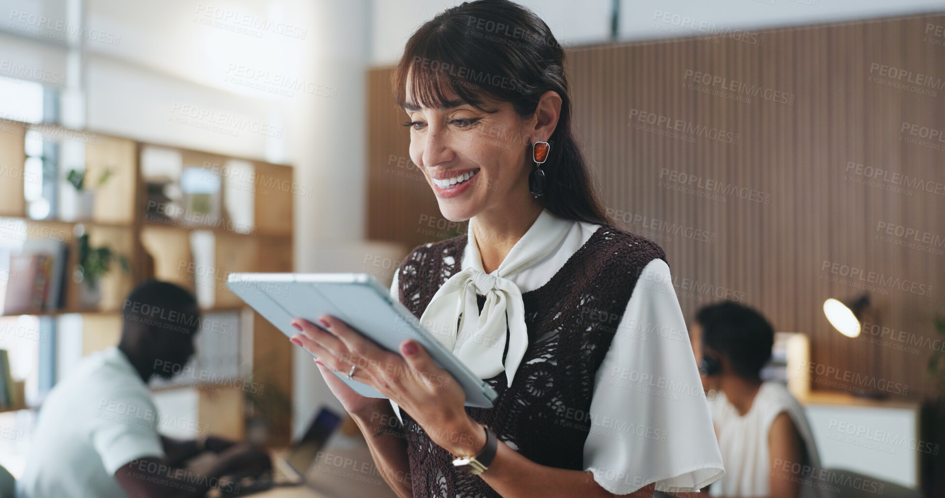 Buy stock photo Happy, creative and businesswoman with tablet, boardroom and campaign review on website or research. Reading, media coverage and mature person with tech for project, pr account manager and online