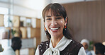 Woman, happy and portrait at office meeting with team, confidence and pride at media company. Person, journalist or editor with smile, group and employee in boardroom for career at press agency