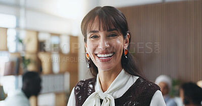 Buy stock photo Woman, happy and portrait at office meeting with team, confidence and pride at media company. Person, journalist or editor with smile, group and employee in boardroom for career at press agency
