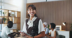 Happy woman, portrait or tablet with team in call center for customer service or online advice. Female person, manager or smile with technology, consultants or agents for virtual assistance or agency