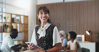 Buy stock photo Happy woman, portrait or tablet with team in call center for customer service or online advice. Female person, manager or smile with technology, consultants or agents for virtual assistance or agency