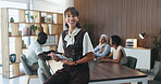 Woman, happy and tablet at office meeting with team, confidence and portrait at media company. Person, journalist or editor with smile, teach and application in boardroom for career at press agency