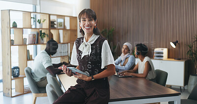 Buy stock photo Woman, happy and tablet at office meeting with team, confidence and portrait at media company. Person, journalist or editor with smile, teach and application in boardroom for career at press agency