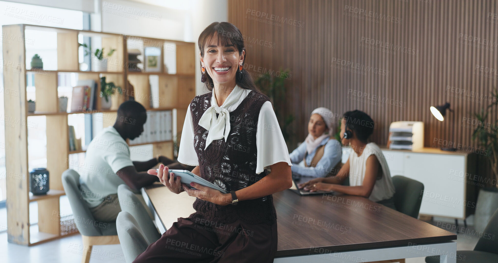 Buy stock photo Woman, happy and tablet at office meeting with team, confidence and portrait at media company. Person, journalist or editor with smile, teach and application in boardroom for career at press agency