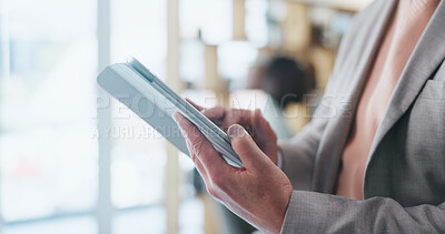 Buy stock photo Hands, review and tablet with typing for report, proposal and notes in office at insurance company. Person, broker or tech with click, checklist and app in boardroom at risk management agency