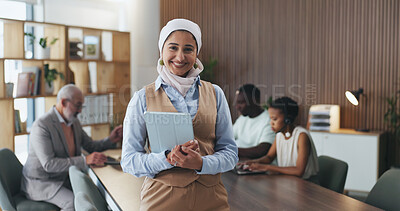 Buy stock photo Woman, smile and tablet at office meeting with team, confidence and portrait at media company. Person, journalist or editor with tech, happy and application in boardroom for career at press agency
