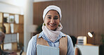 Woman, smile and tablet at meeting with team, confidence and portrait in office at media company. Person, journalist or editor with tech, happy and application in boardroom for career at press agency