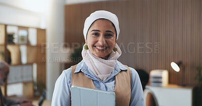 Buy stock photo Woman, smile and tablet at meeting with team, confidence and portrait in office at media company. Person, journalist or editor with tech, happy and application in boardroom for career at press agency