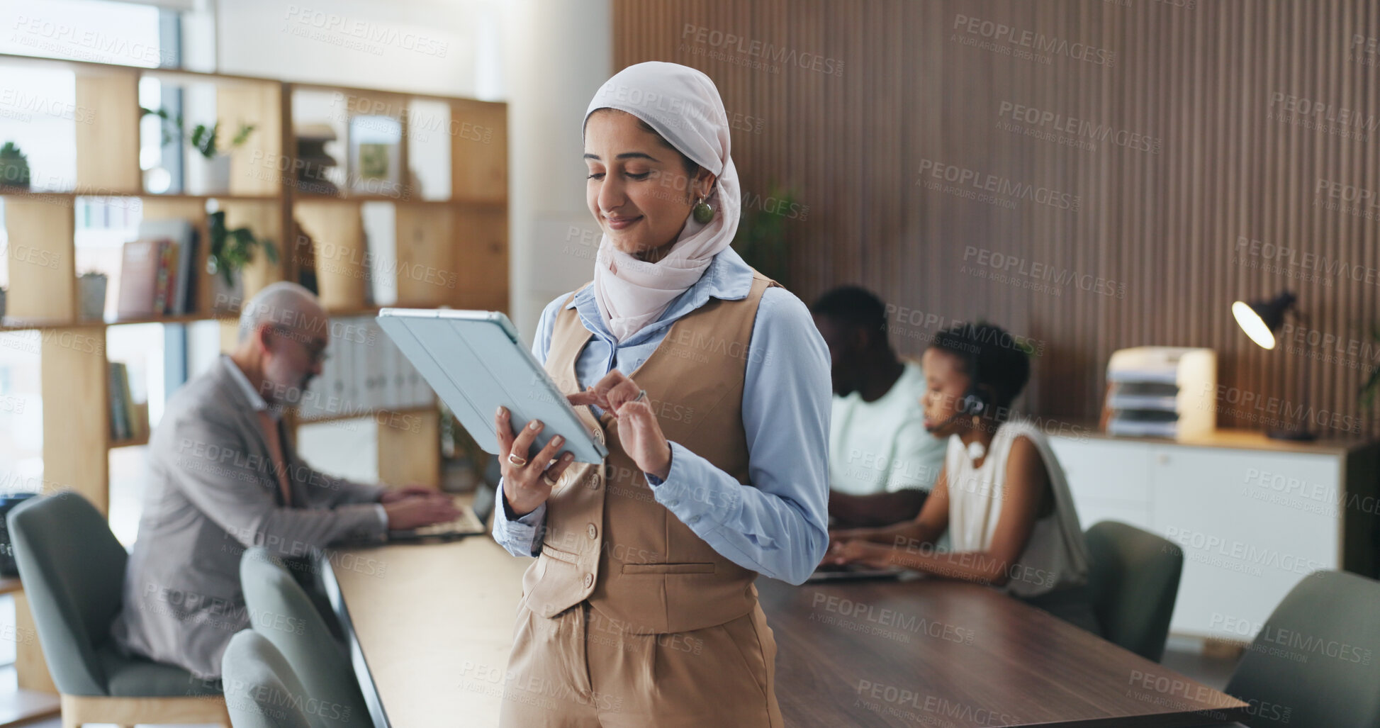 Buy stock photo Muslim, businesswoman and research with tablet, office and campaign review on web, scroll and online. Reading, media coverage and Islamic person with tech for project, pr account manager and browsing