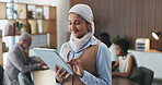 Muslim, businesswoman and happy with tablet, office and campaign review on website, scroll or online. Reading, media coverage and Islamic person with tech for project, pr account manager and browsing