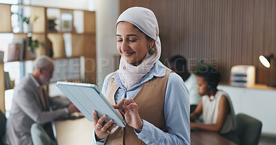Buy stock photo Muslim, businesswoman and happy with tablet, office and campaign review on website, scroll or online. Reading, media coverage and Islamic person with tech for project, pr account manager and browsing