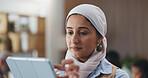 Muslim, businesswoman and scroll with tablet, office and campaign review on web, research or online. Reading, media coverage and Islamic person with tech for project, pr account manager and browsing
