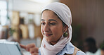 Muslim, businesswoman and scroll with tablet, online and campaign review on web and happy in office. Reading, media coverage and Islamic person with tech for project, pr account manager and browsing