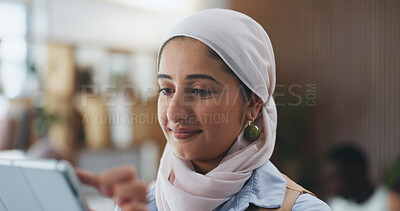 Buy stock photo Muslim, businesswoman and scroll with tablet, online and campaign review on web and happy in office. Reading, media coverage and Islamic person with tech for project, pr account manager and browsing