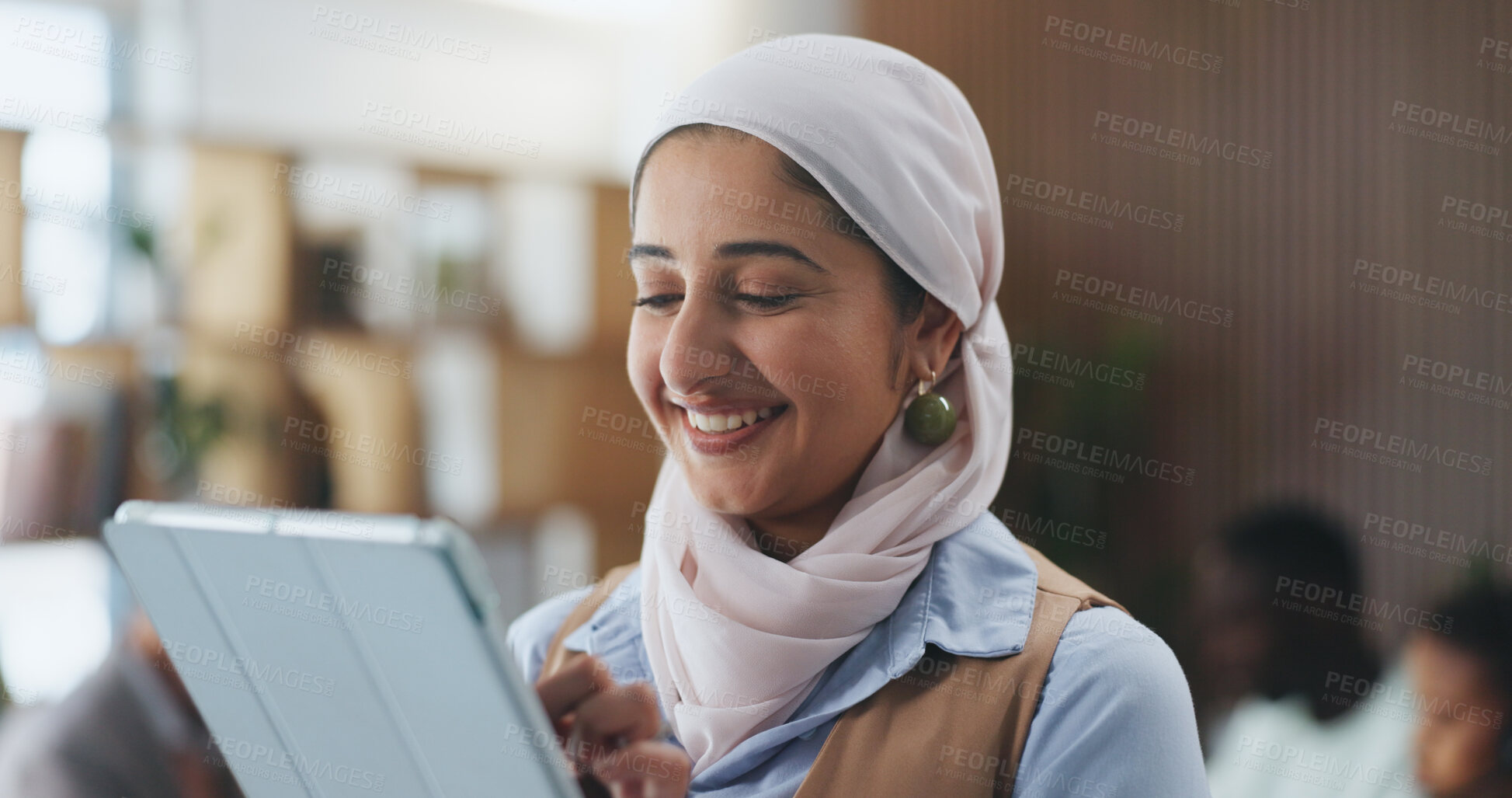 Buy stock photo Muslim woman, tablet and typing at office with team for notes, smile and meeting at insurance company. Islamic person, broker or editor with tech, happy and feedback on app at risk management agency