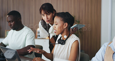 Buy stock photo Women, team and headset with training at office for advisory service, laptop and coach at insurance company. Person, mentor and broker with voip, talk and pc with support at risk management agency