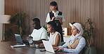 Business people, mentor and consultants with headset for call center management or operations. Employees, colleagues or agents with coach or team for virtual assistance or customer service in office