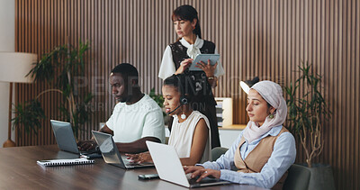 Buy stock photo Business people, mentor and consultants with headset for call center management or operations. Employees, diversity or agents with coach or team for virtual assistance or customer service in office