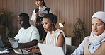 Business people, coach and consultants with headset for call center management or operations. Employees, colleagues or agents with mentor or team for virtual assistance or customer service in office