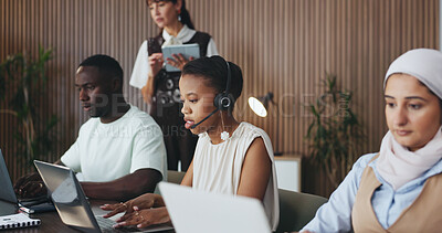 Buy stock photo Business people, coach and consultants with headset for call center management or operations. Employees, diversity or agents with mentor or team for virtual assistance or customer service in office