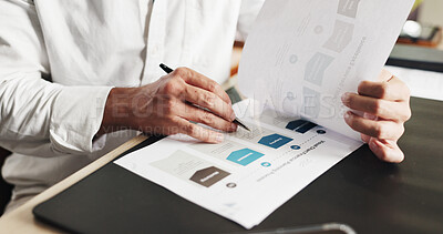 Buy stock photo Writing, documents and hand of businessperson with charts in office for research on finance report. Paperwork, planning and financial manager with statistics for investment proposal in workplace.