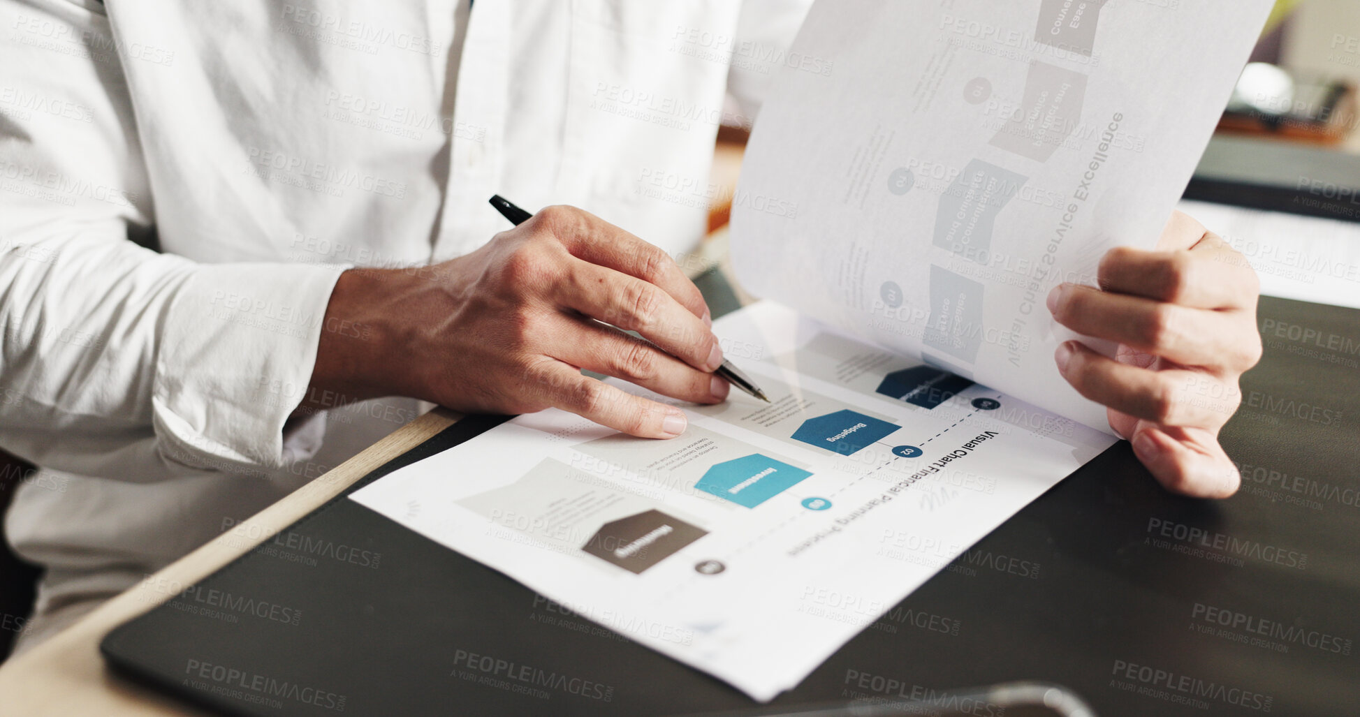 Buy stock photo Writing, documents and hand of businessperson with charts in office for research on finance report. Paperwork, planning and financial manager with statistics for investment proposal in workplace.