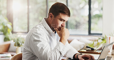 Buy stock photo Remote work, thinking and man on laptop in home for research, budget review and finance report. Consultant, idea and person on computer for planning, online proposal or website for financial advisor
