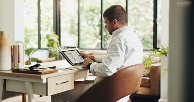 Buy stock photo Remote work, finance and man in home on tablet for planning, budget review and online report. Consultant, house and person on digital tech with graph for research, financial proposal and website