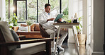 Reading, remote work and man with tablet in home office for account manager, client portfolio and research. Admin, feedback and paperwork with person in living room for planning or thinking in house