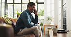 Phone call, smile and man on sofa in home with communication, contact or networking in living room. Cellphone, relax and male person on mobile conversation for gossip or connection in apartment.