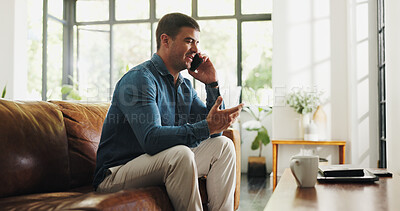 Buy stock photo Phone call, relax and man on sofa in house with communication, contact or networking in living room. Cellphone, happy and male person on mobile conversation for gossip or connection in apartment.