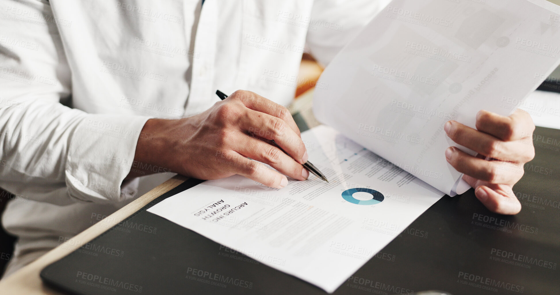 Buy stock photo Writing, paperwork and hand of businessperson with charts in office for research on finance report. Documents, planning and financial manager with statistics for investment proposal in workplace.