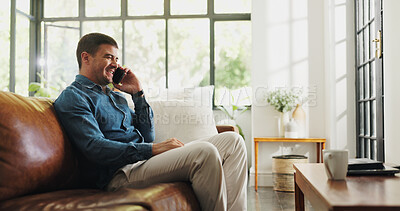 Buy stock photo Phone call, relax and man on sofa in home with communication, contact or networking in living room. Cellphone, happy and male person on mobile conversation for gossip or connection in apartment.