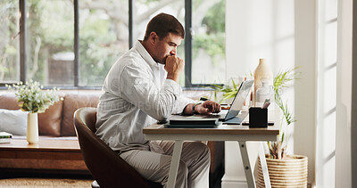 Buy stock photo Remote work, thinking and business man on laptop for planning, budget review and finance report. Consultant, home and person on computer for research, online proposal and ideas for financial advisor