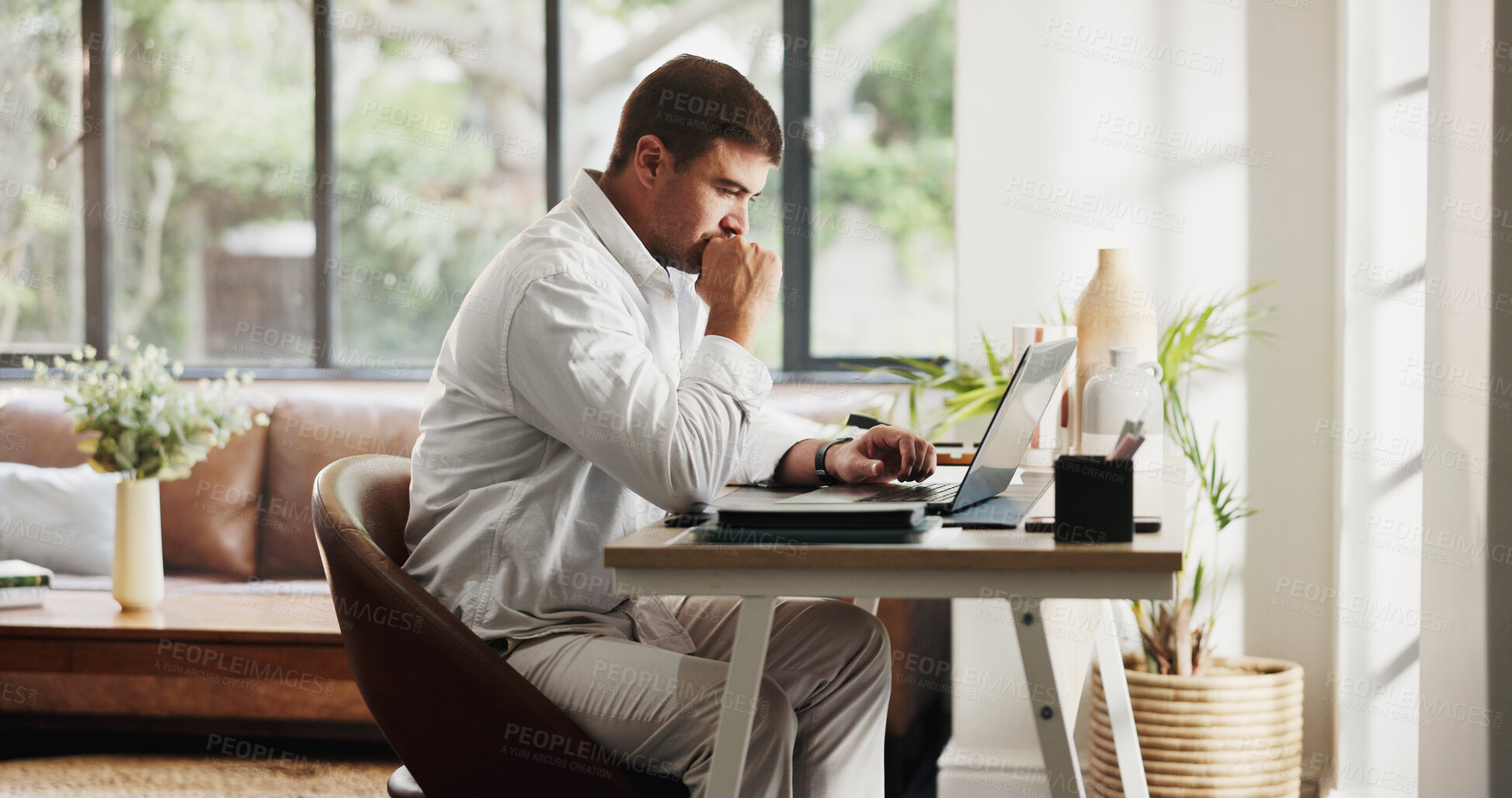 Buy stock photo Remote work, thinking and business man on laptop for planning, budget review and finance report. Consultant, home and person on computer for research, online proposal and ideas for financial advisor