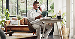 Phone call, remote work and man with tablet in home office for account manager, client portfolio and research. Admin, feedback and tech with person in living room for planning or thinking in house