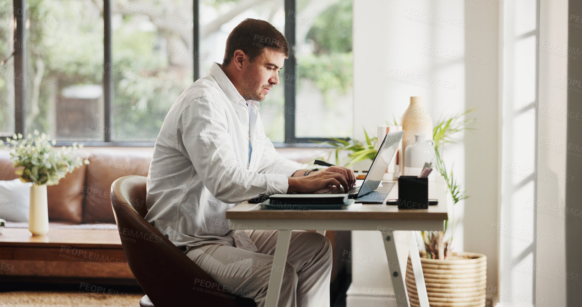 Buy stock photo Remote work, laptop and business man in home for planning, budget review and finance report. Consultant, house and person on computer for research, online proposal and website for financial advisor