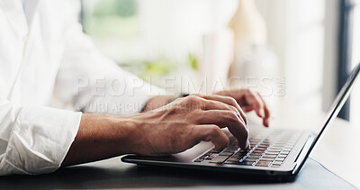 Buy stock photo Person, hands and typing with laptop in home for business email, network or journalism. Journalist, freelancer or remote work with computer or app for online story, article or digital report in house
