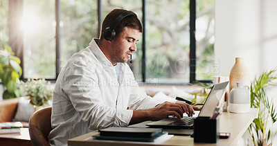 Buy stock photo Remote work, laptop and man in home with headset for communication, consulting and finance advisor. Online, hybrid worker and person with mic on computer for virtual assistance, contact or discussion