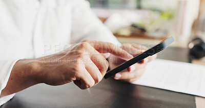 Buy stock photo Texting, online and hands with smartphone, home office or communication with contact on social media. Scroll, message and person with mobile on break, remote work and chat with technology in house