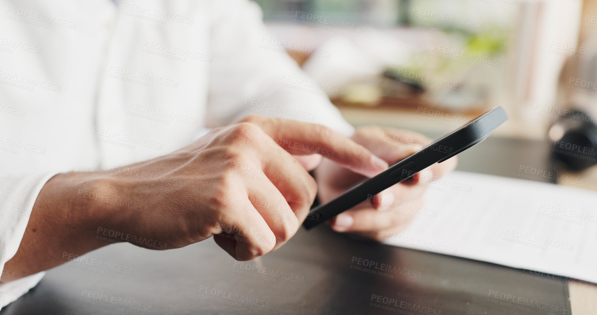 Buy stock photo Texting, online and hands with smartphone, home office or communication with contact on social media. Scroll, message and person with mobile on break, remote work and chat with technology in house