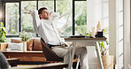 Happy, relax and man in home for remote work with satisfaction, stretching and done with tasks. Freelancer, business and person with calm, rest and break for project deadline, freedom and finish