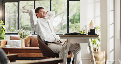 Buy stock photo Happy, relax and man in home for remote work with satisfaction, stretching and done with tasks. Freelancer, business and person with calm, rest and break for project deadline, freedom and finish
